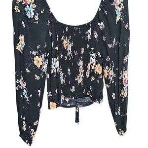 Black Floral Ruched Crop Top Long Sleeve Boho Chic